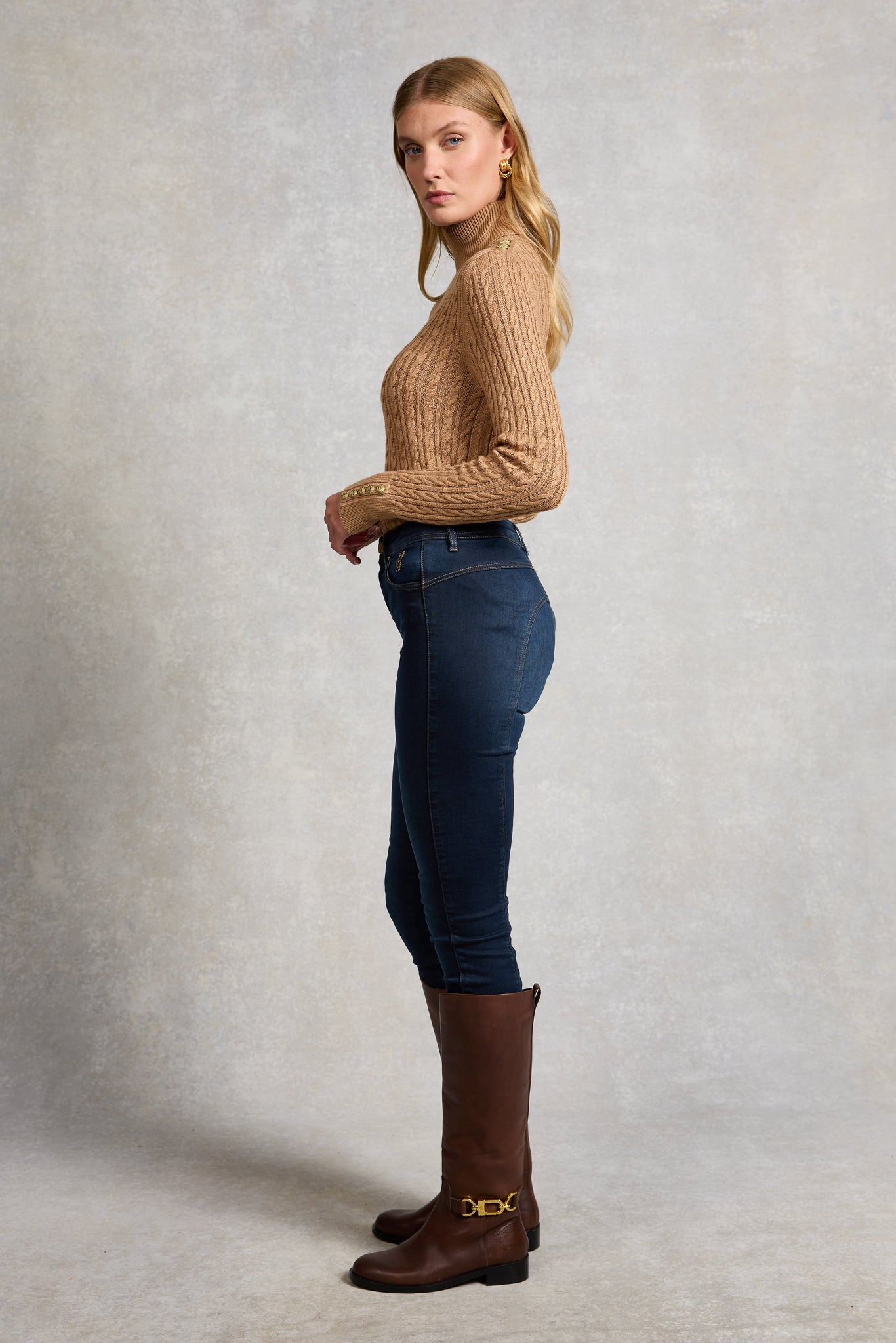 Seattle Roll Neck Cable Knit (Dark Camel Marl)