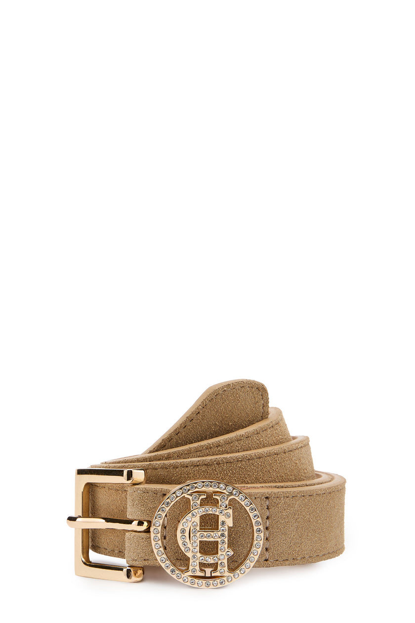 Crystal Slim Logo Belt (Taupe Suede)