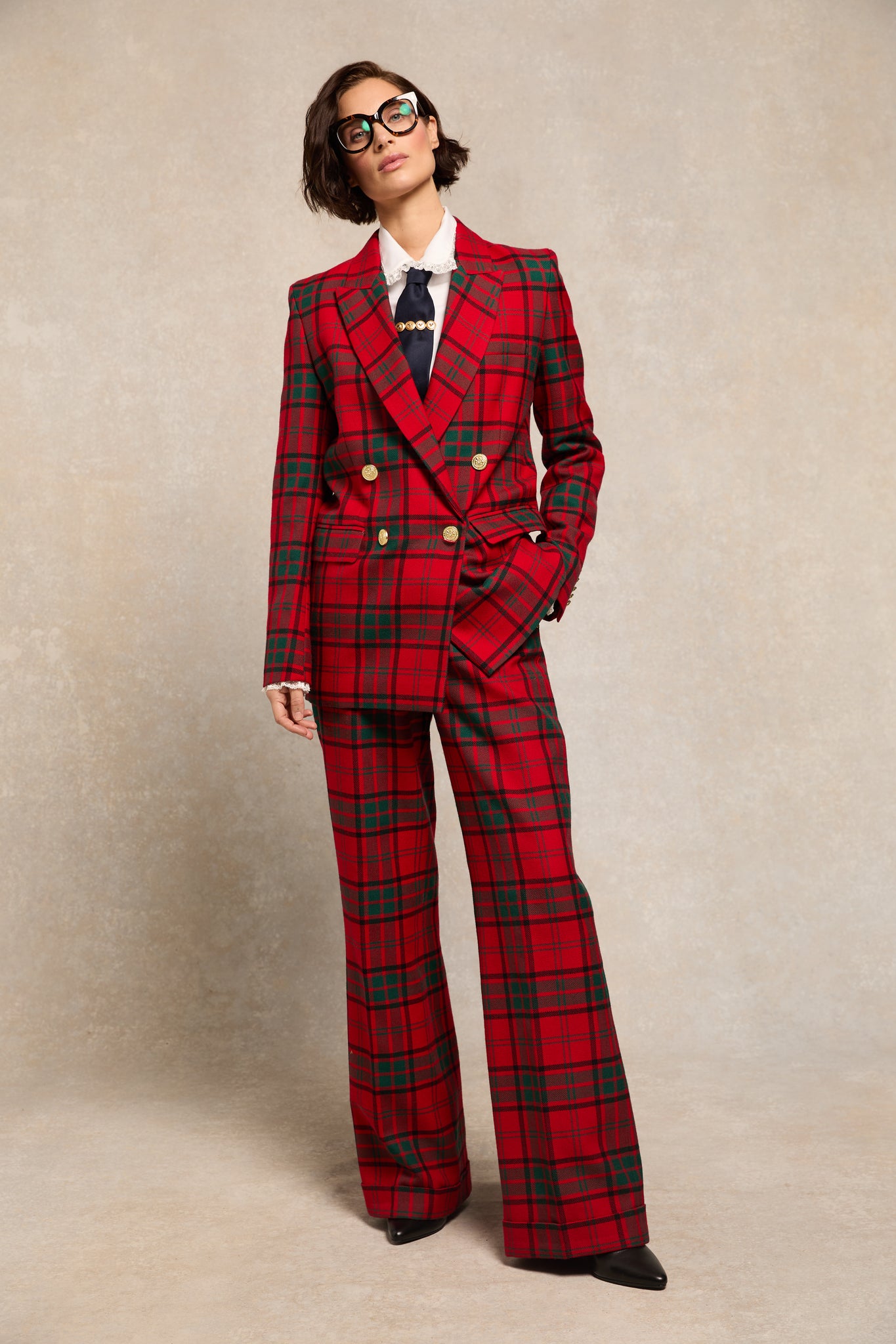 High Waisted Wide Leg Trouser - Turn Up (Red Tartan)