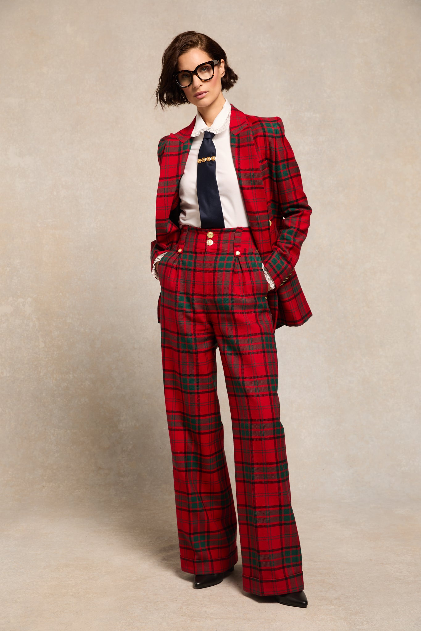 High Waisted Wide Leg Trouser - Turn Up (Red Tartan)