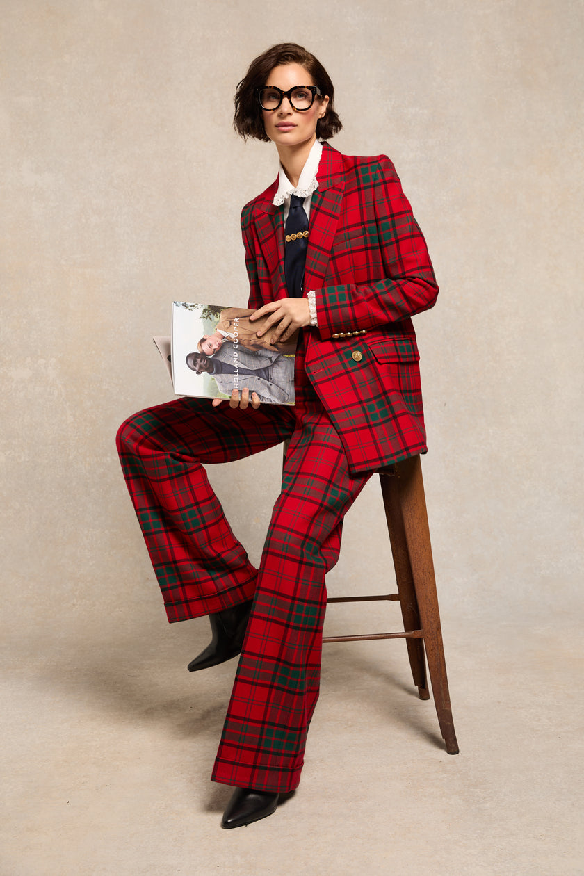 High Waisted Wide Leg Trouser - Turn Up (Red Tartan)