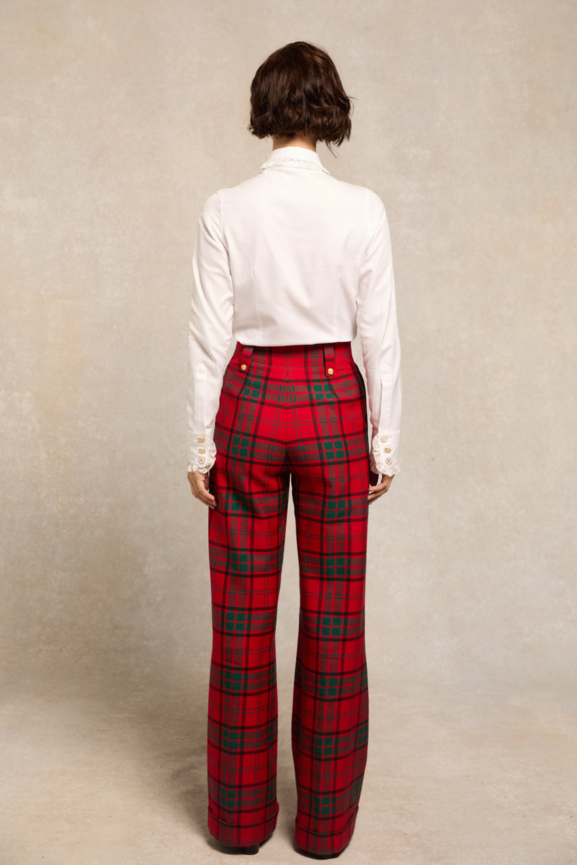 High Waisted Wide Leg Trouser - Turn Up (Red Tartan)