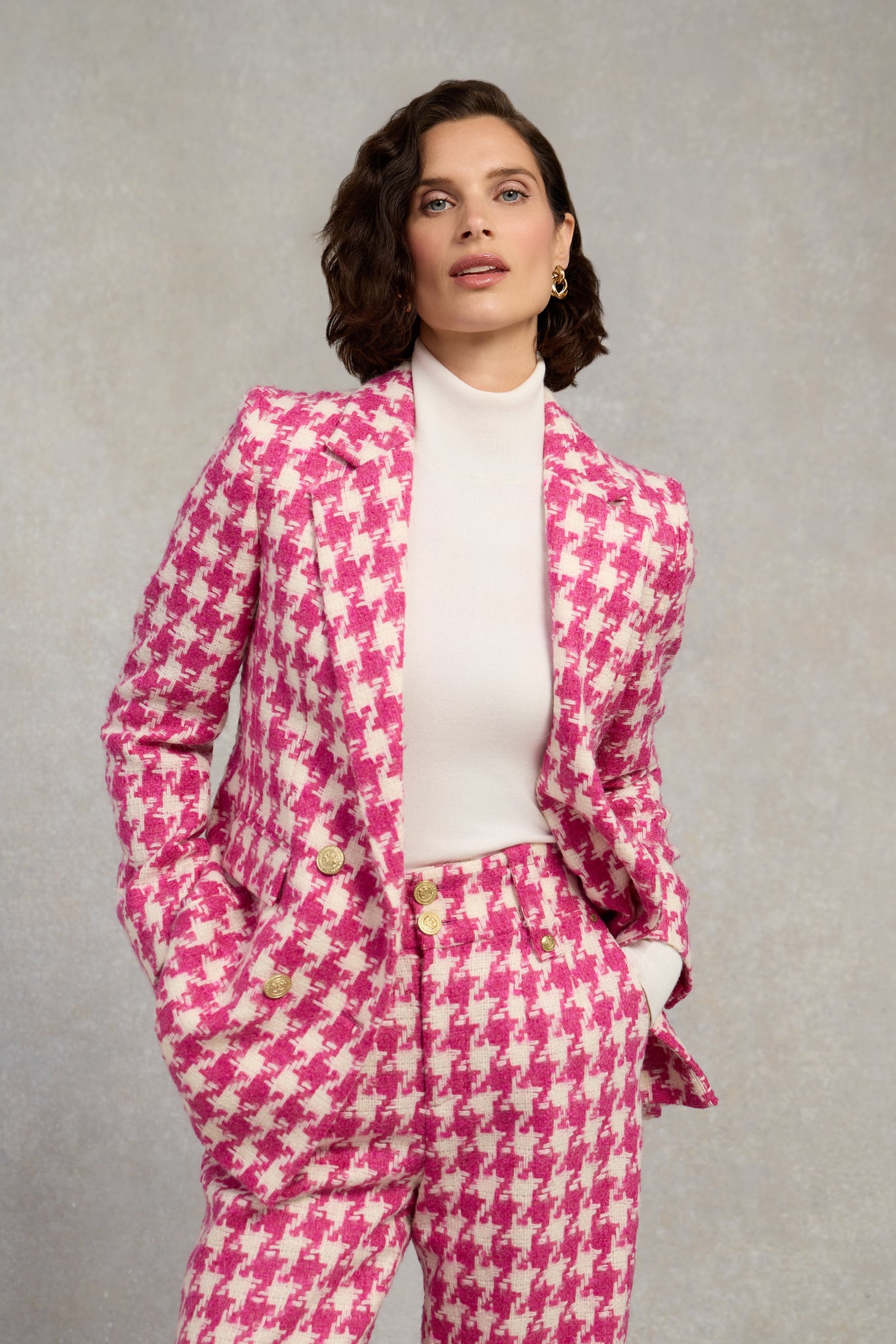 Double Breasted Blazer (Hot Pink Large Scale Houndstooth)
