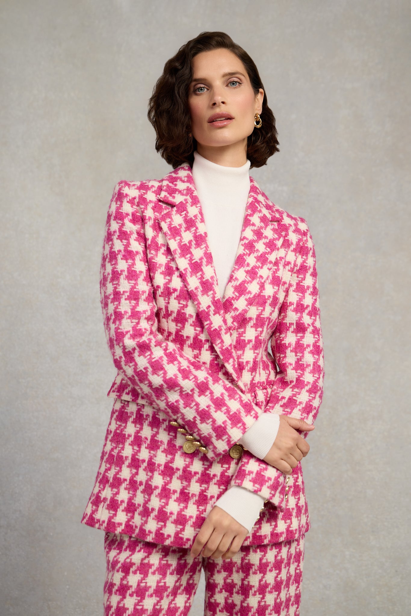 Double Breasted Blazer (Hot Pink Large Scale Houndstooth)
