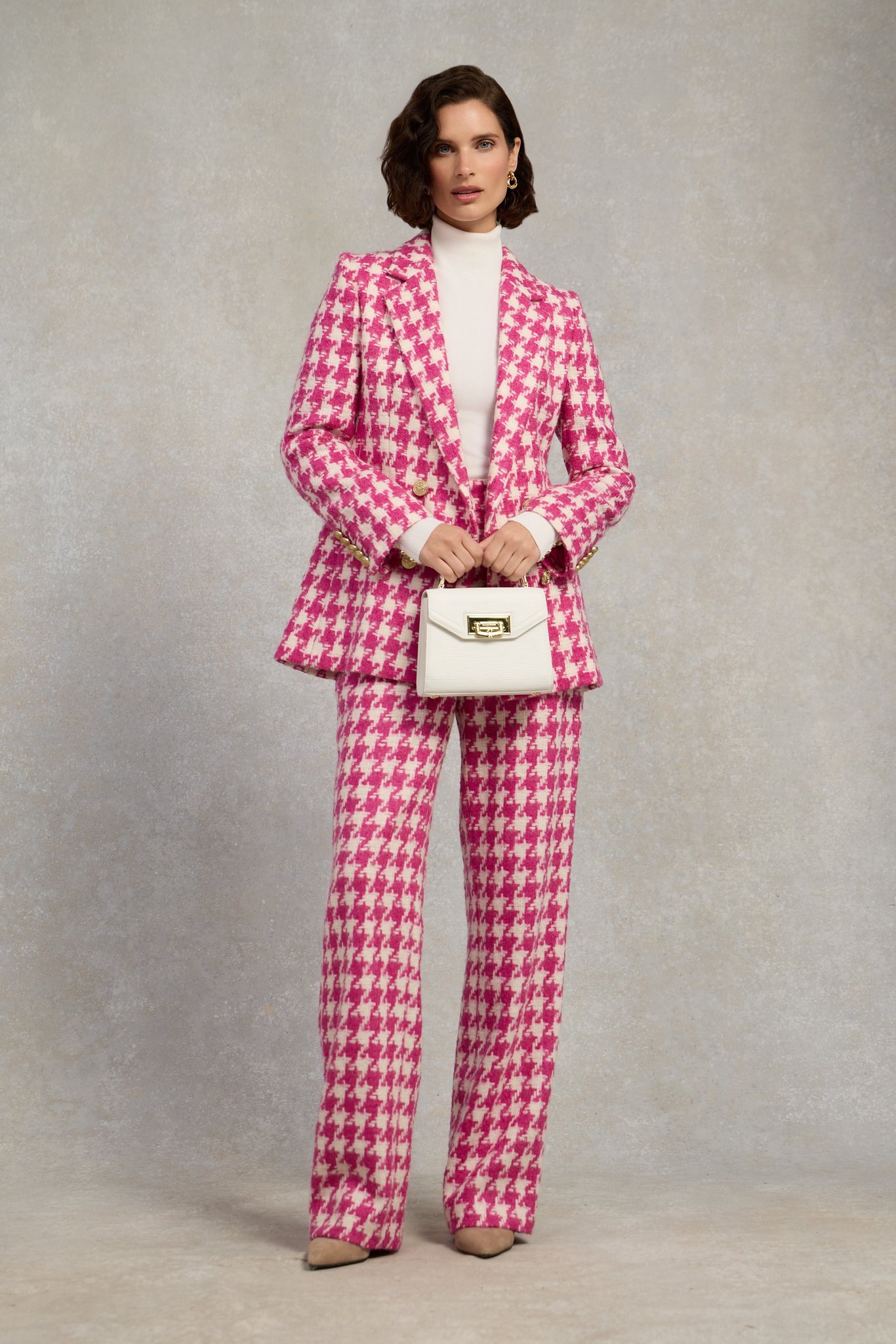 Double Breasted Blazer (Hot Pink Large Scale Houndstooth)