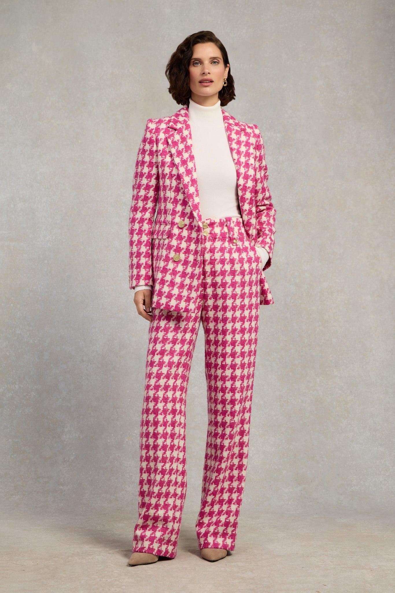 Double Breasted Blazer (Hot Pink Large Scale Houndstooth)