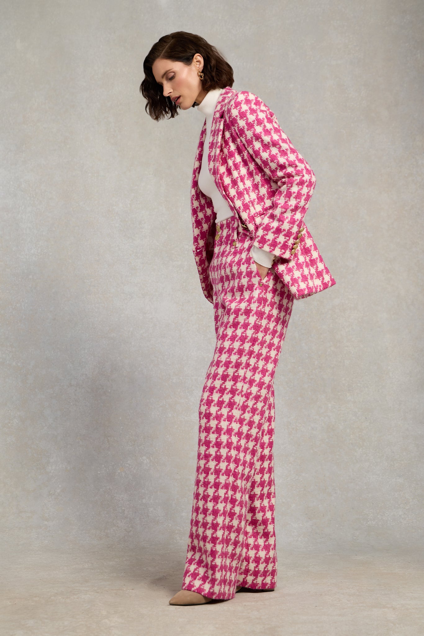 Double Breasted Blazer (Hot Pink Large Scale Houndstooth)