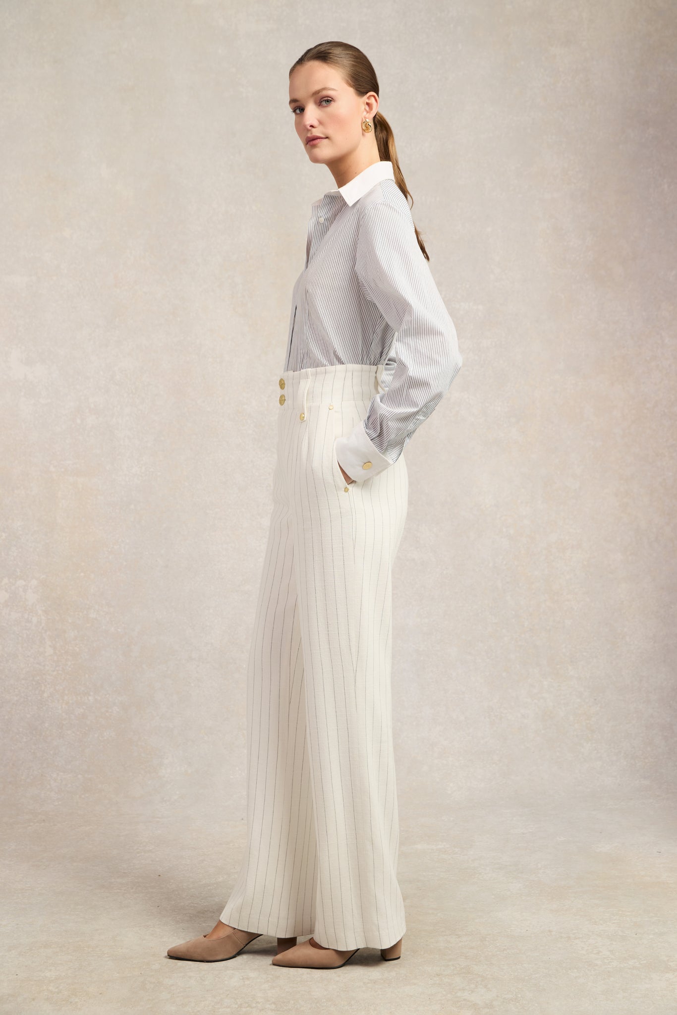 High Waisted Straight Trouser (Oyster Linen Pinstripe)