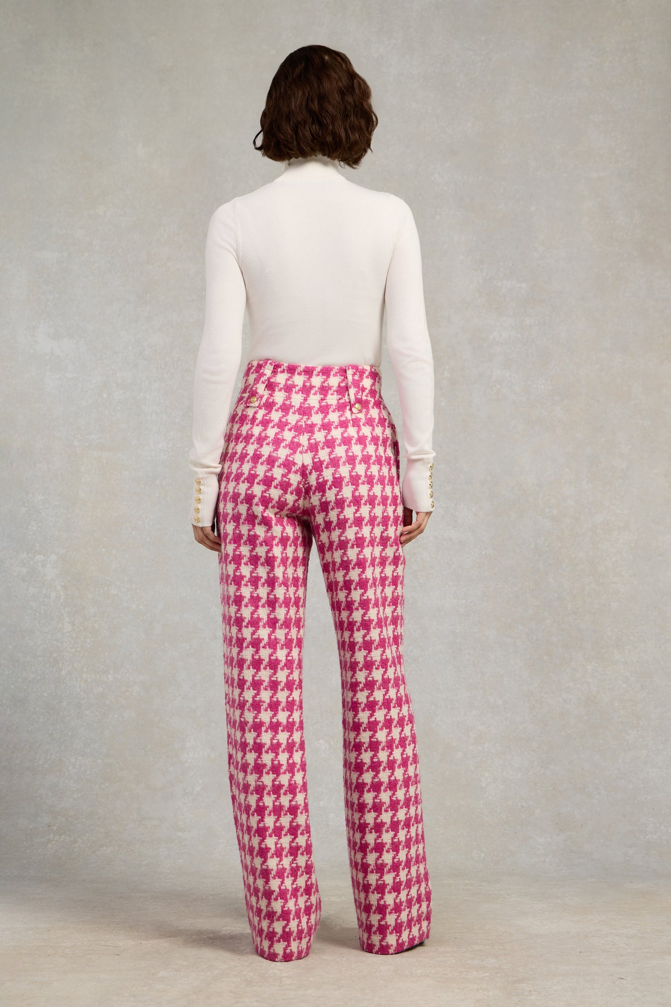 High Waisted Straight Trouser (Hot Pink Large Scale Houndstooth)