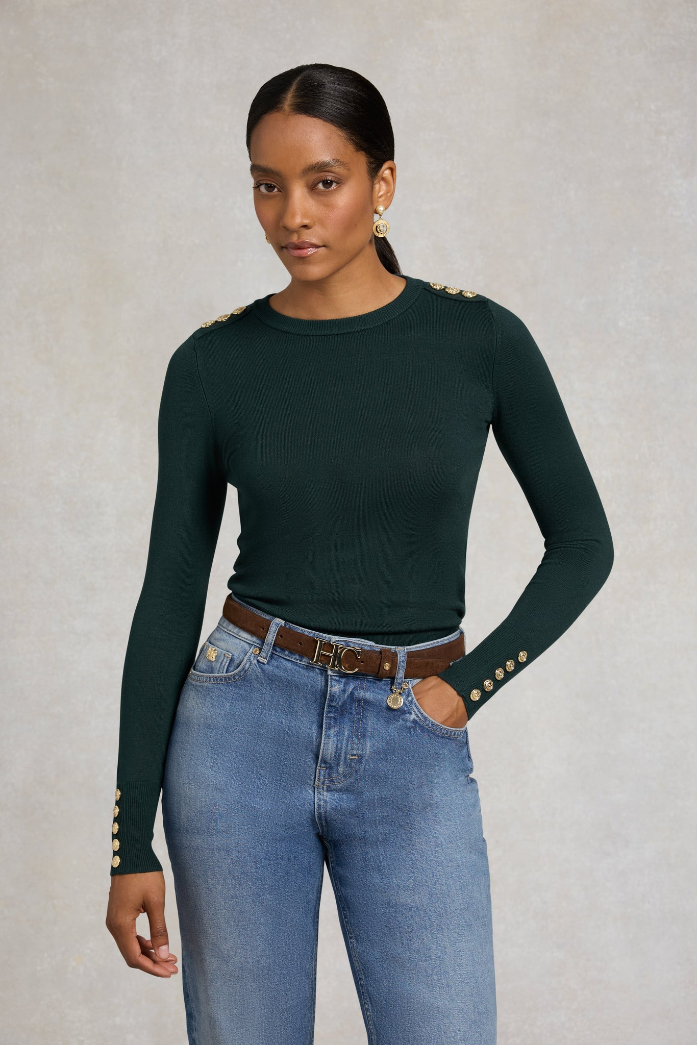 Buttoned Knit Crew Neck (Deep Emerald)