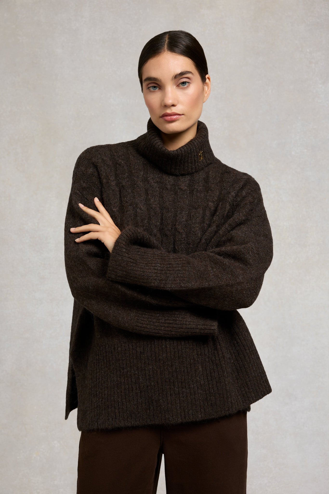 Antonia Cable Roll Neck Knit (Chocolate)
