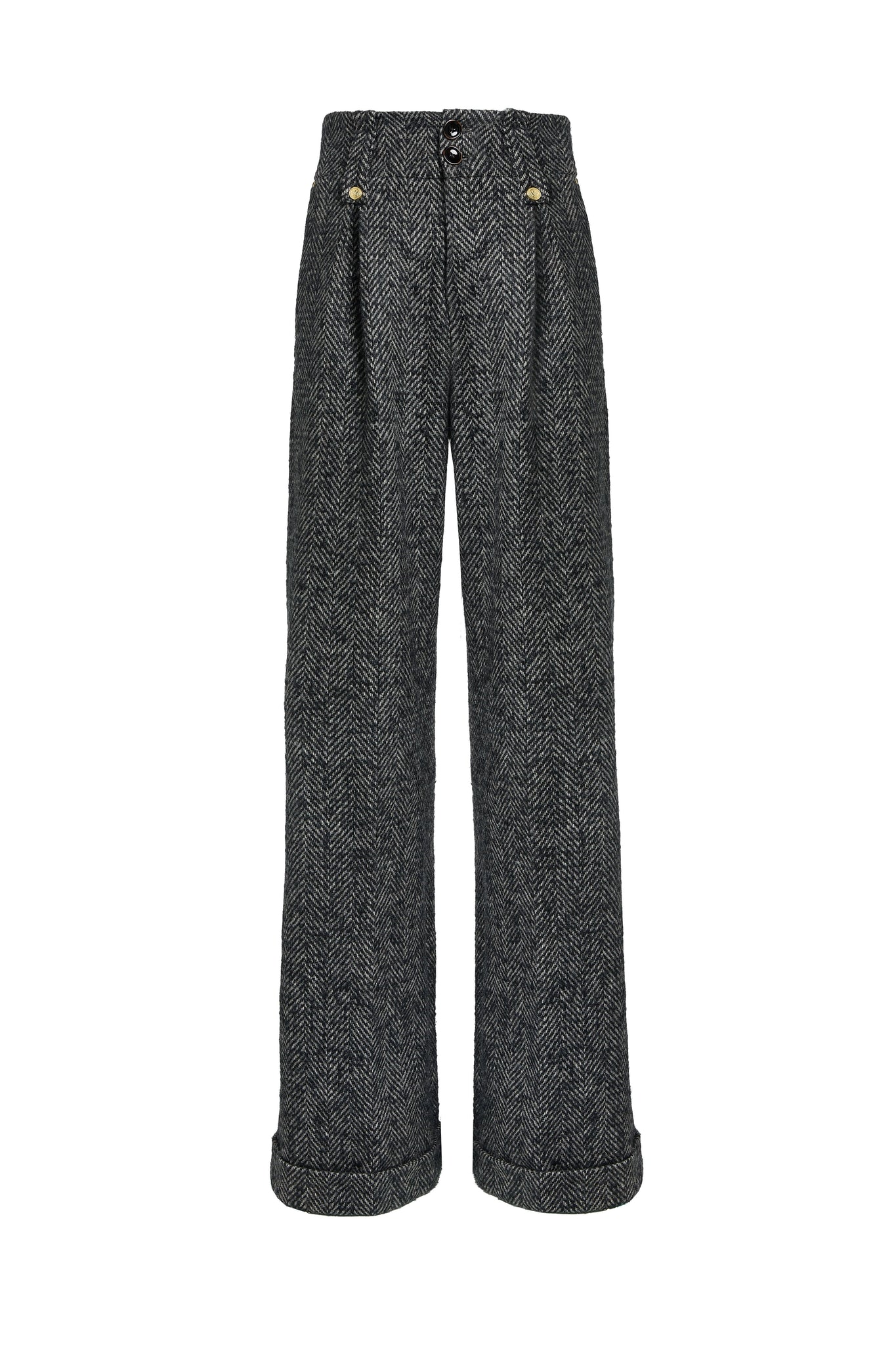 High Waisted Wide Leg Trouser (Ebony Herringbone)