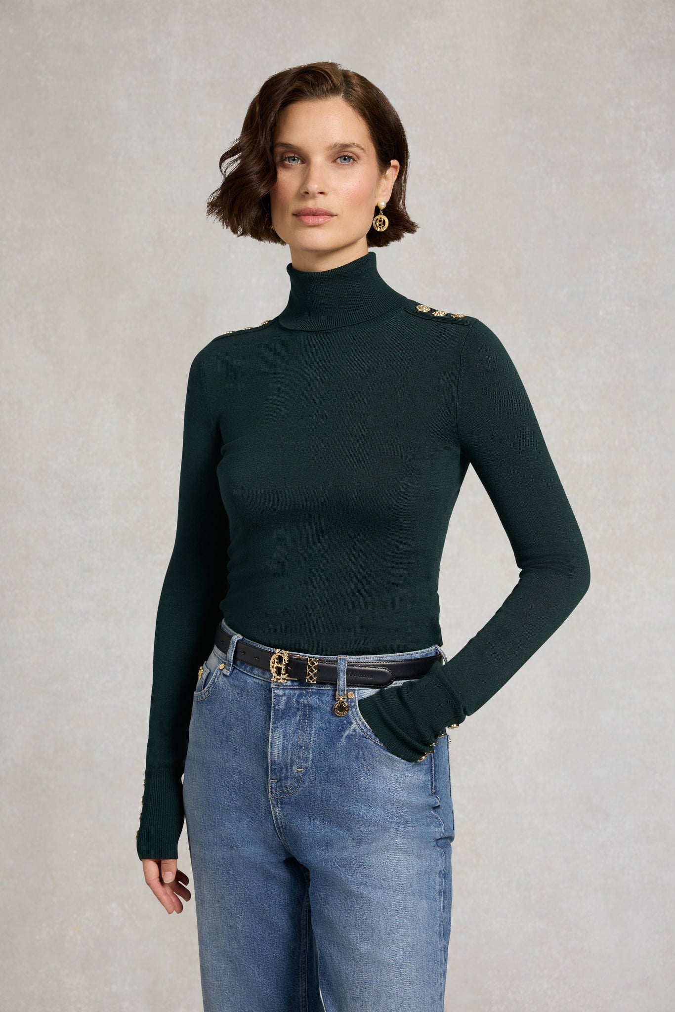 Buttoned Knit Roll Neck (Deep Emerald)
