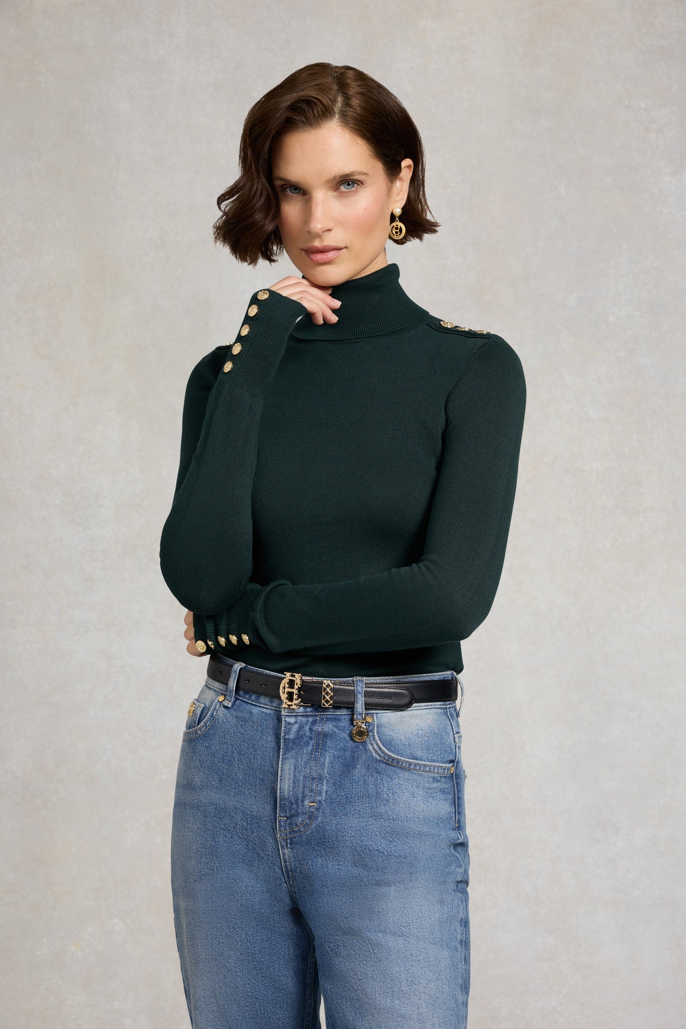 Buttoned Knit Roll Neck (Deep Emerald)