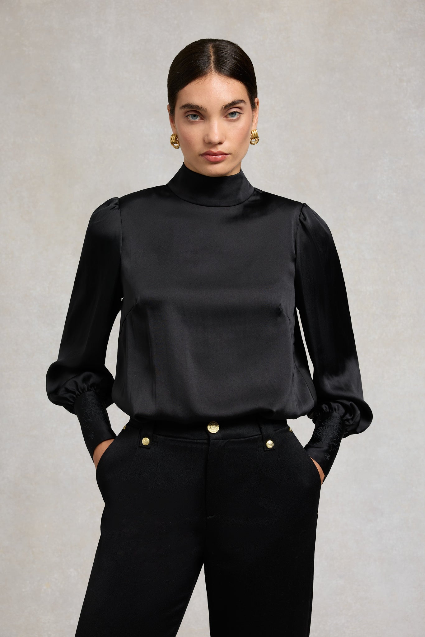 Carmen High Neck Blouse (Black Satin)