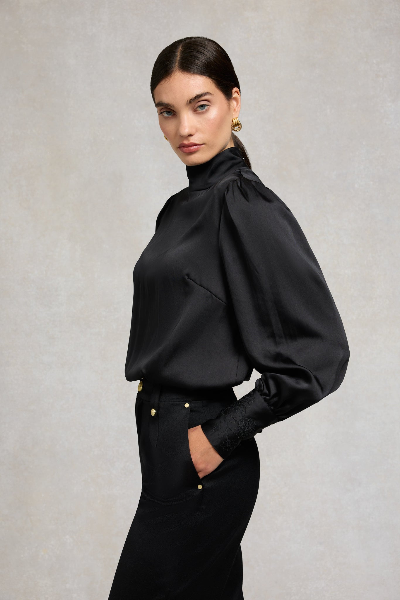 Carmen High Neck Blouse (Black Satin)