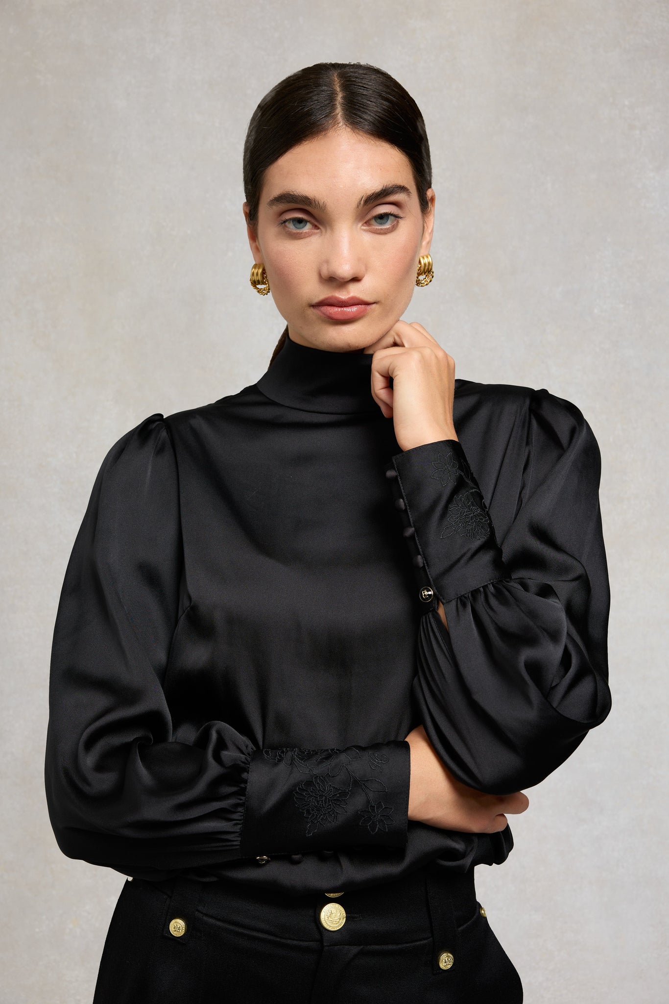 Carmen High Neck Blouse (Black Satin)
