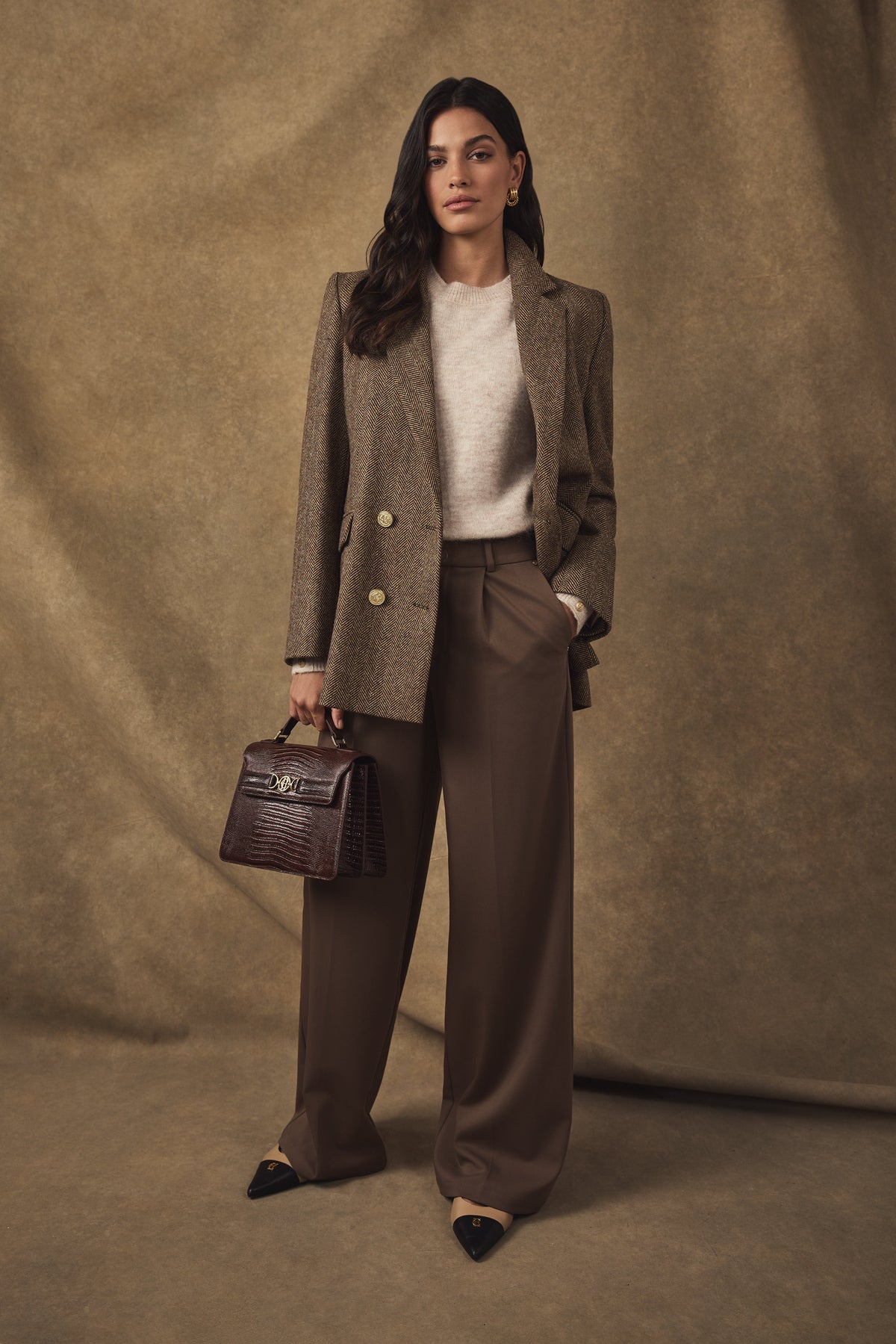 Double Breasted Blazer (Large Scale Brown Herringbone)