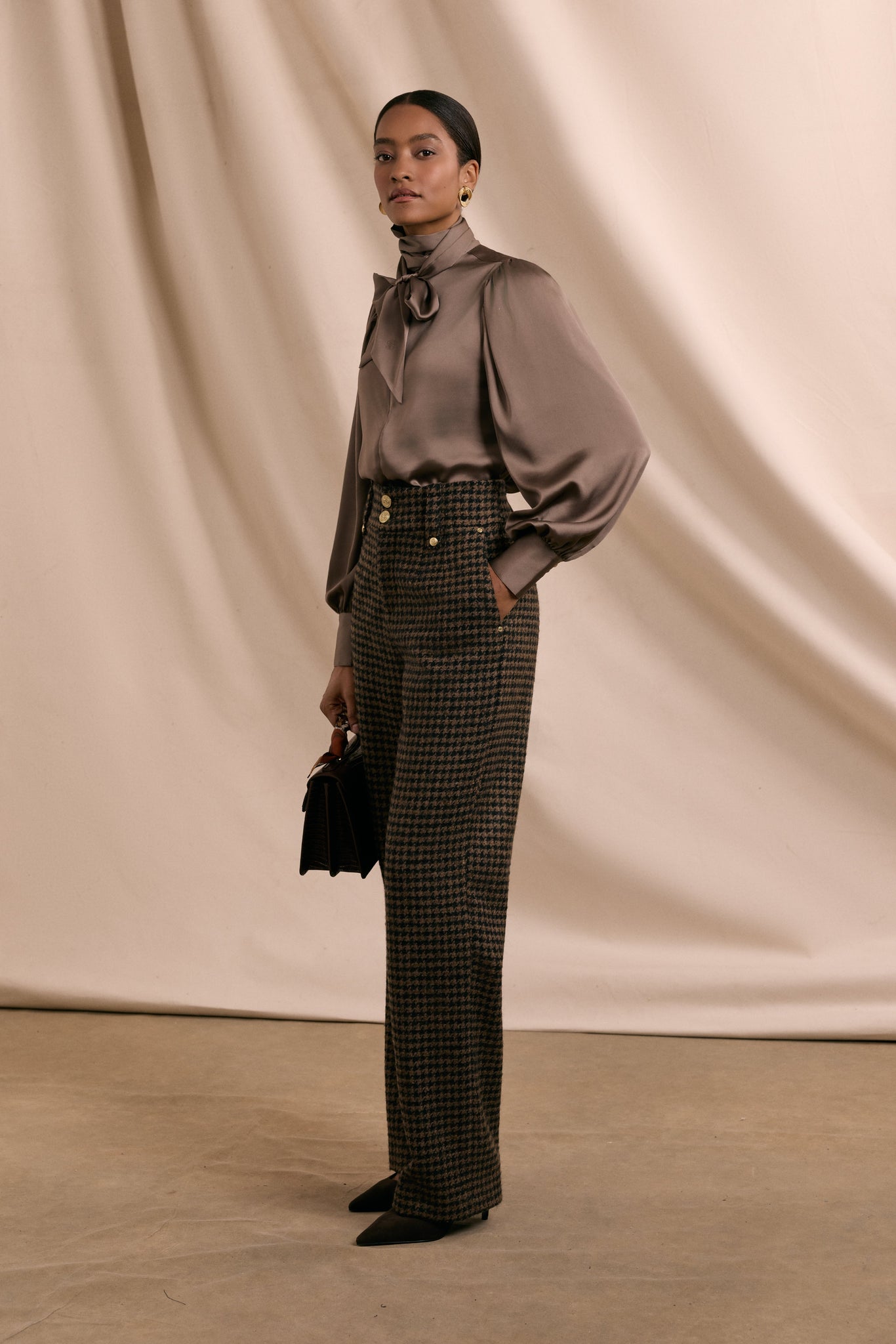 High Waisted Straight Trouser (Chocolate Houndstooth)