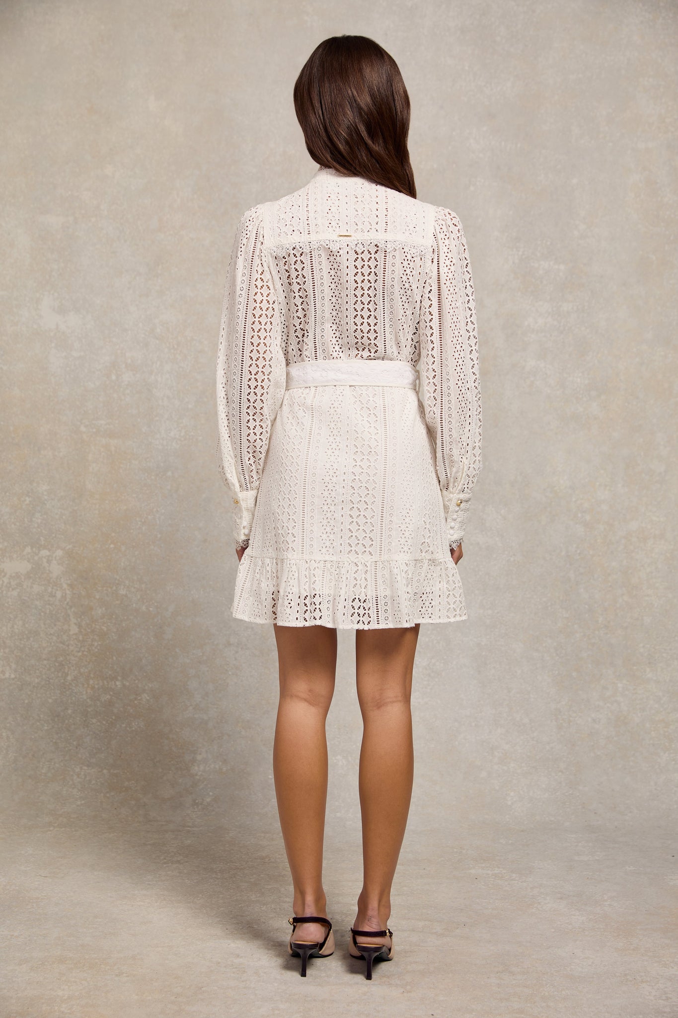 Collarless Broderie Mini Dress (White)
