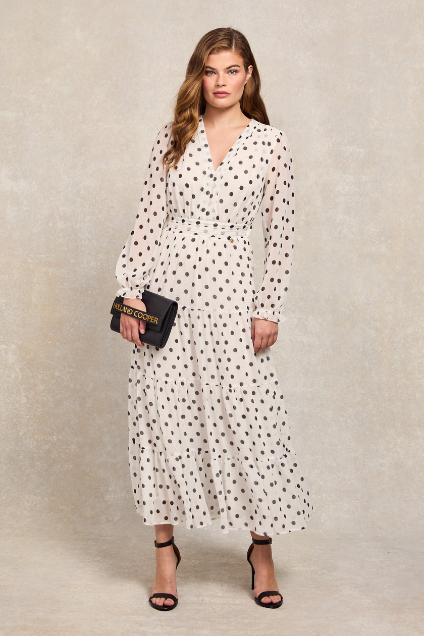 Bella Tiered Maxi Dress (White Black Polka Dot)