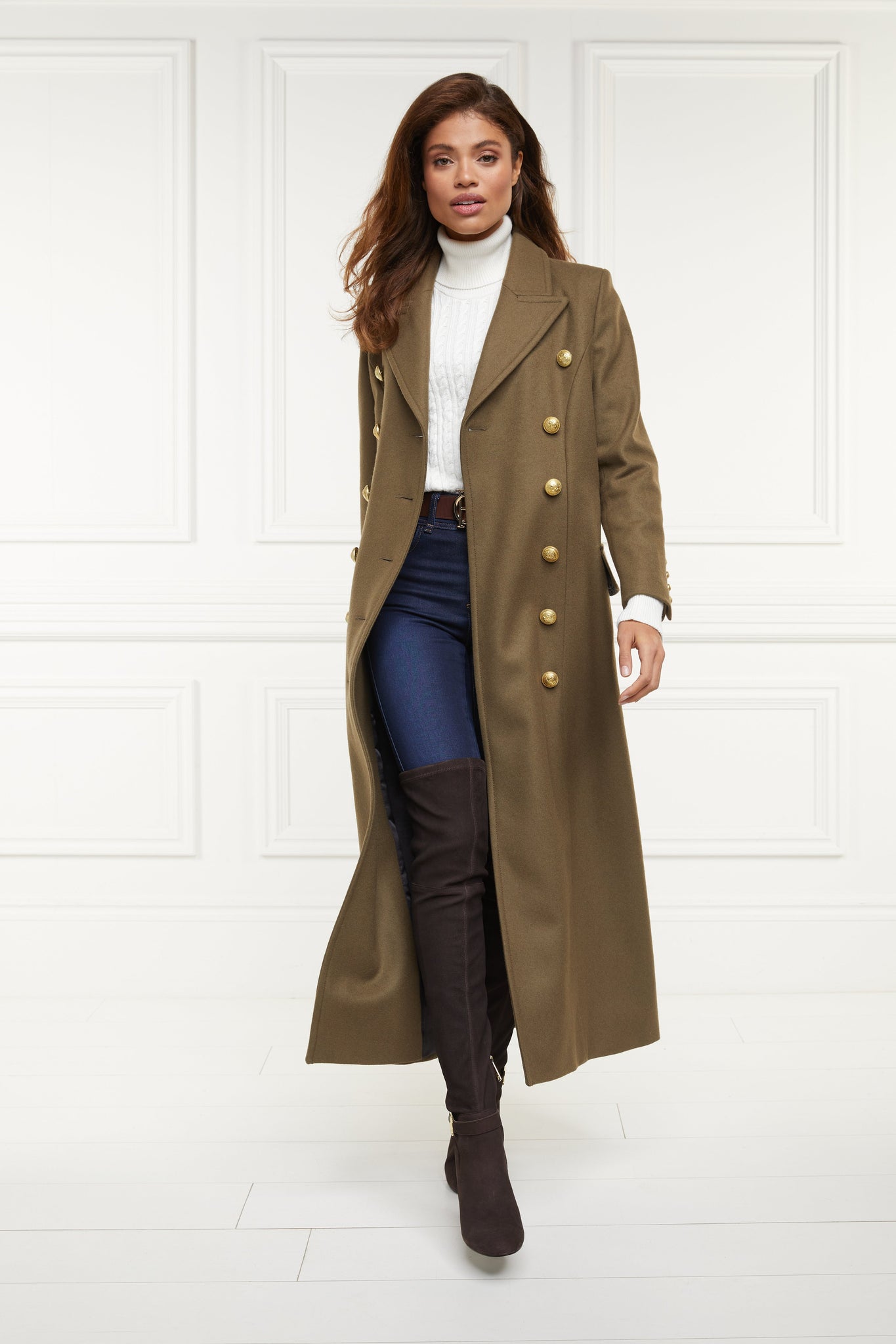 Womens khaki knee length wool military double breasted coat