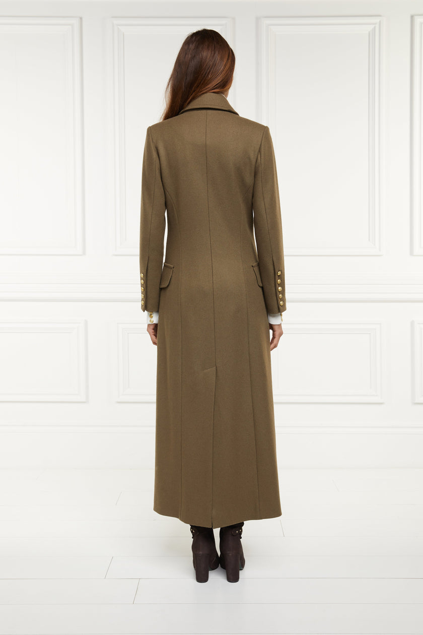 back of Womens khaki knee length wool military double breasted coat