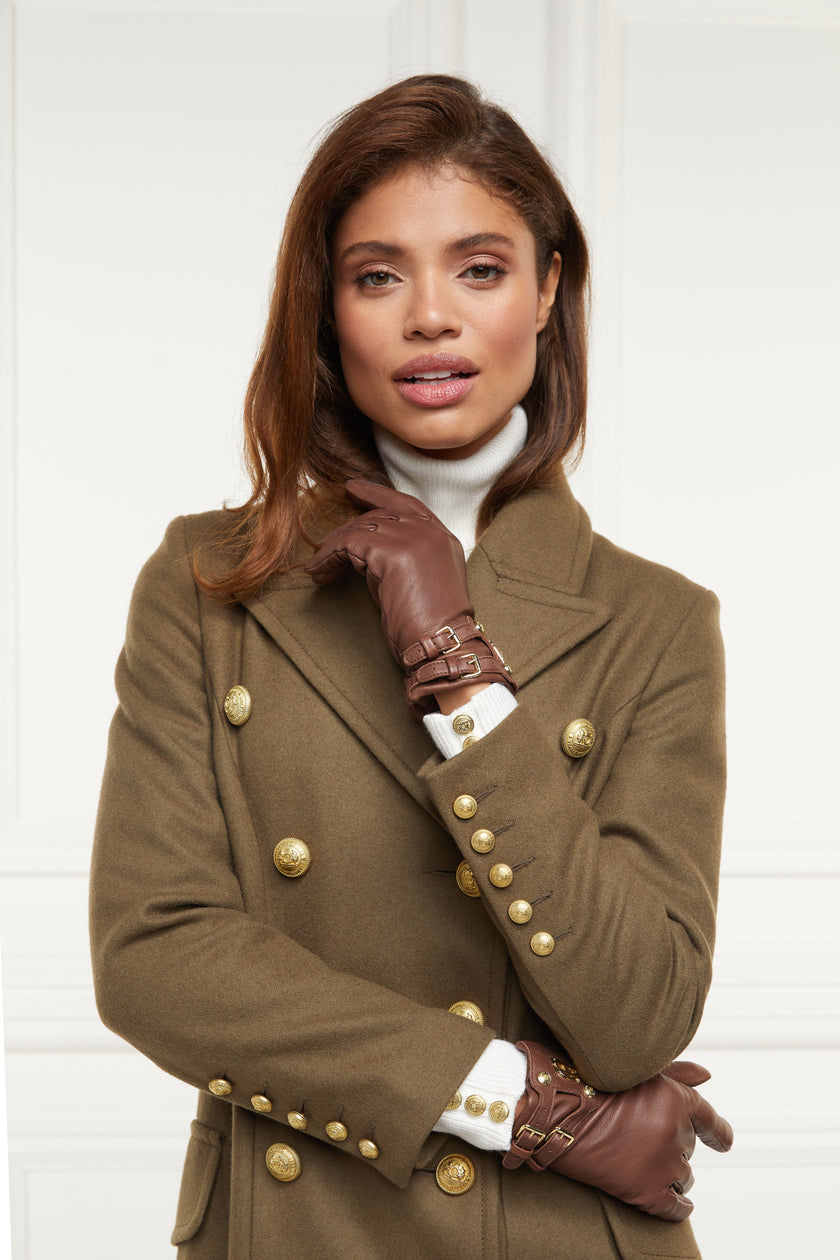 Womens khaki knee length wool military double breasted coat