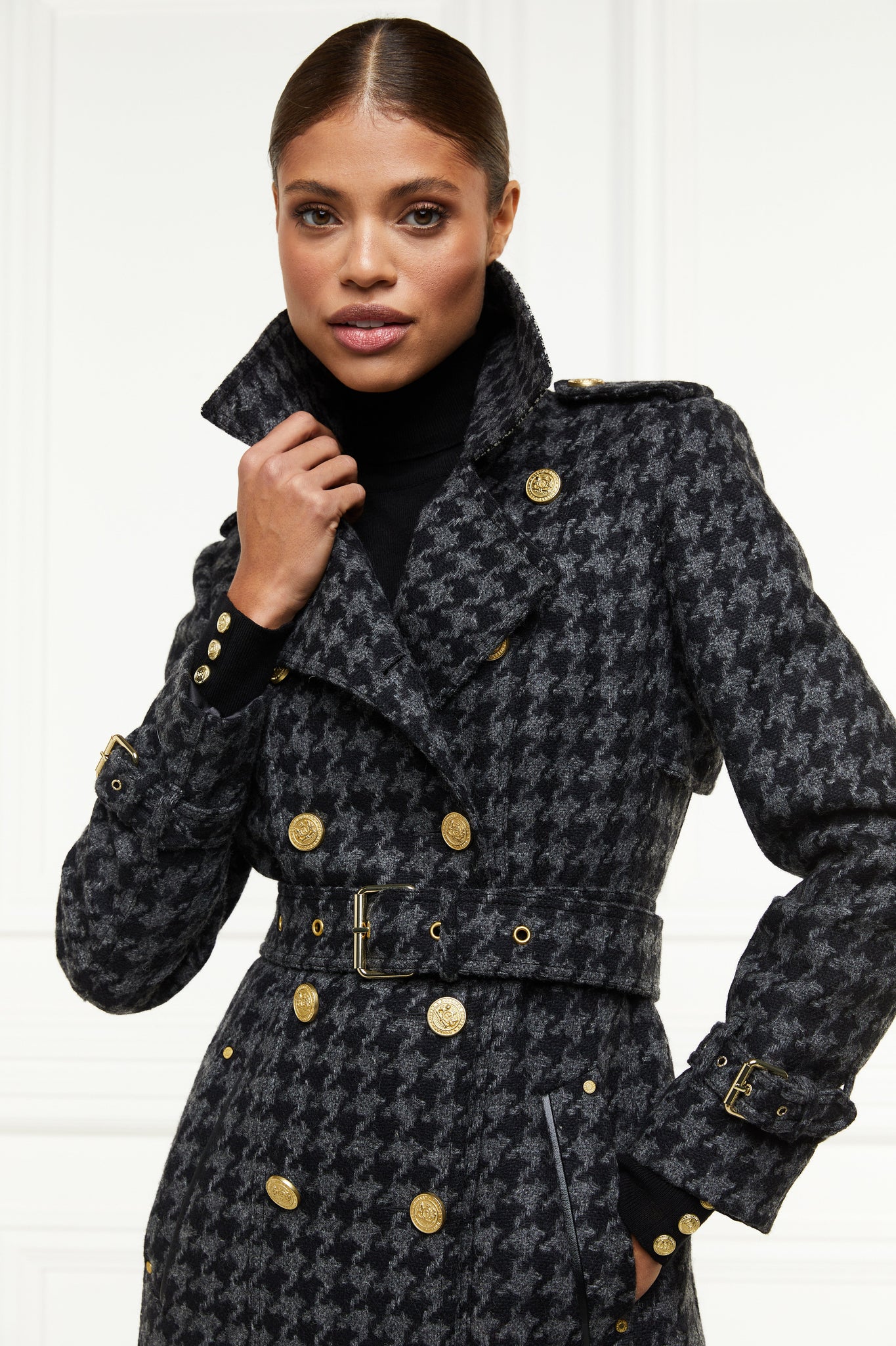 womens wool black and grey large scale houndstooth double breasted trench coat