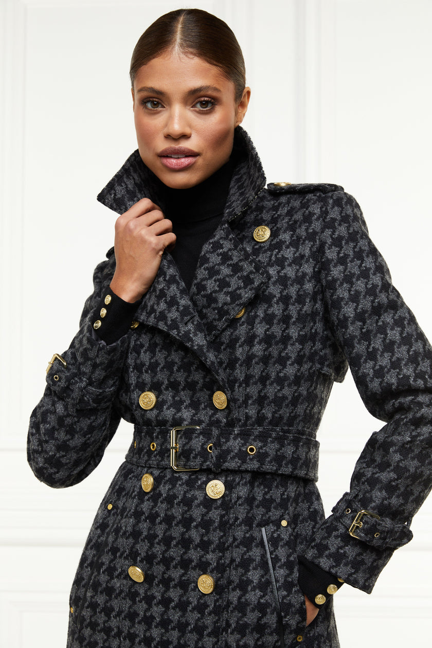 womens wool black and grey large scale houndstooth double breasted trench coat