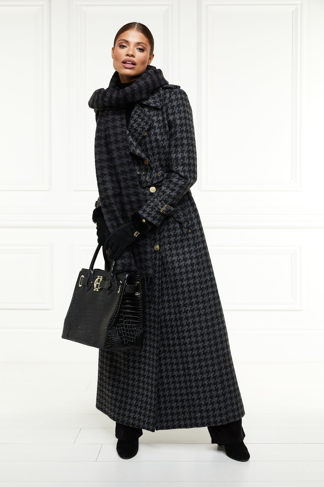 womens wool black and grey large scale houndstooth double breasted trench coat