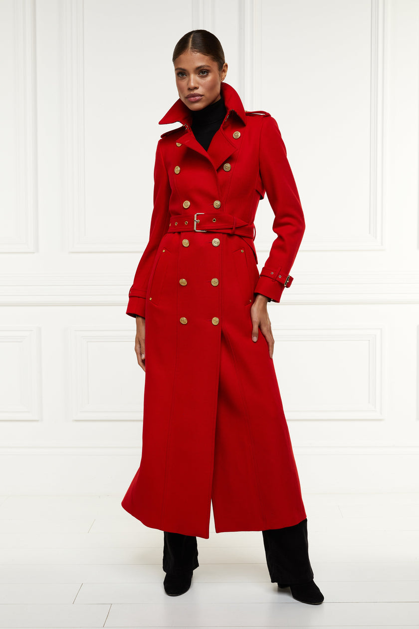 womens red double breasted full length wool trench coat