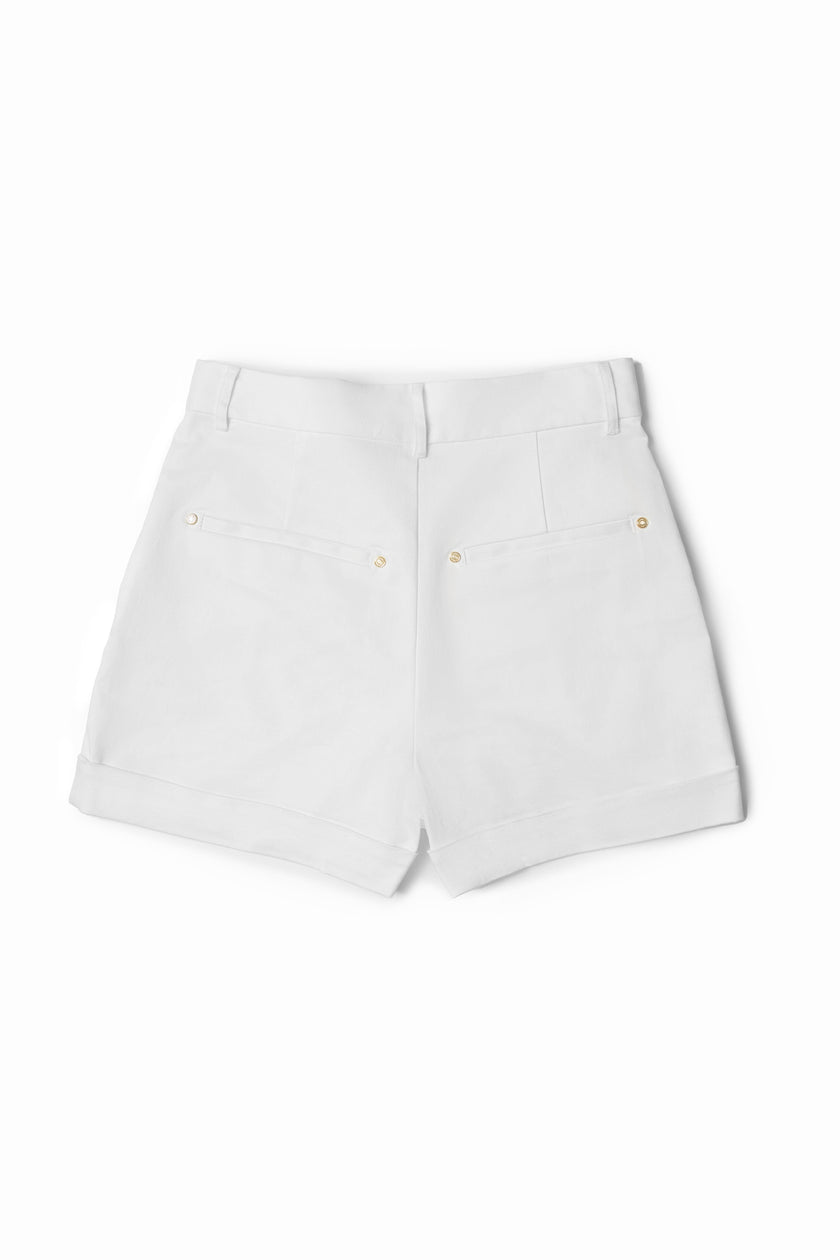 back of womens white high rise tailored shorts with decorative gold rivets that follow the pocket line in a sailor style with a turned up hem