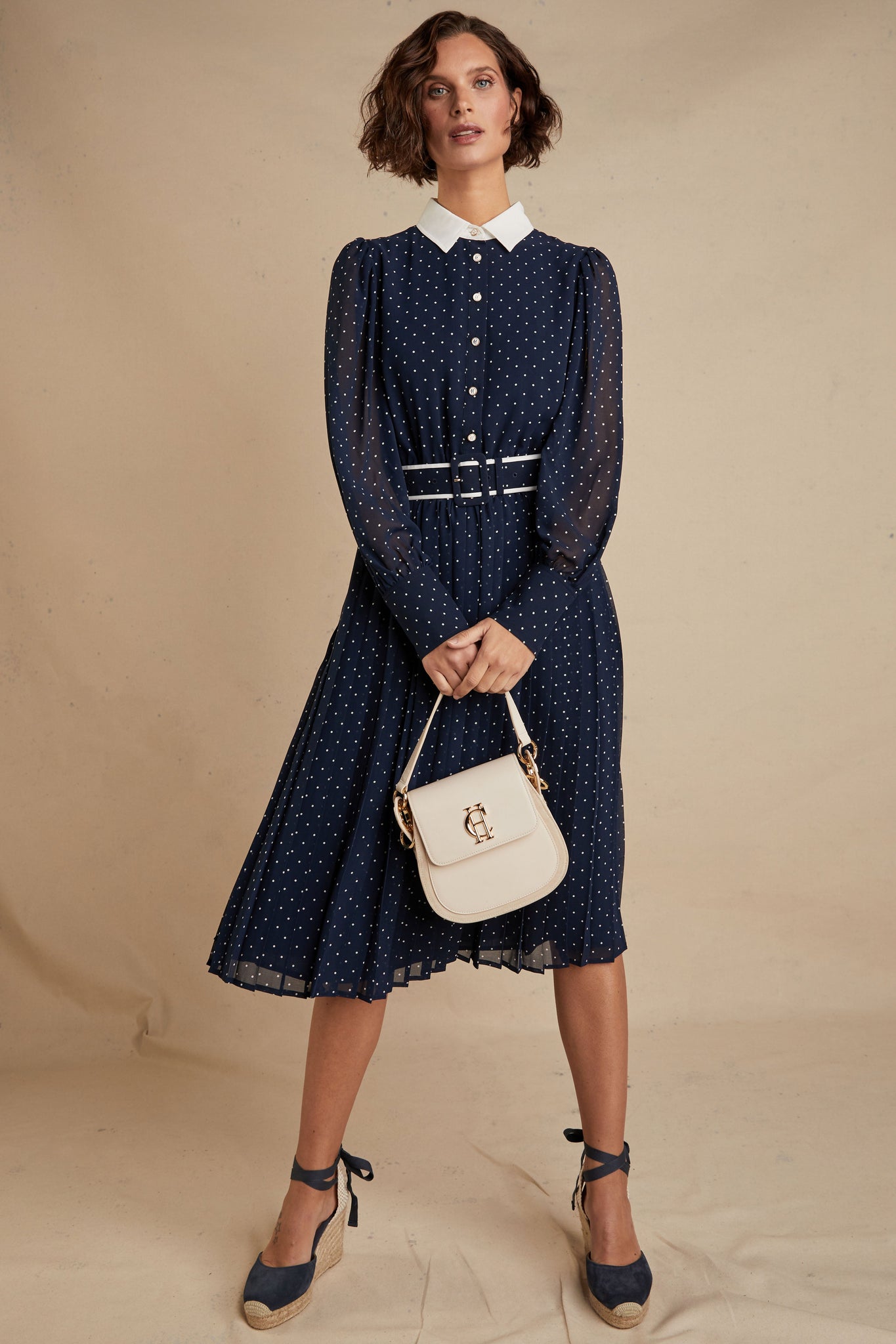 Annabel Pleated Midi Dress (Ink Navy Polka Dot)