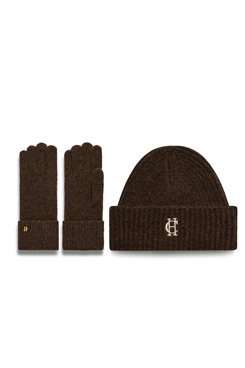 Classic Embroidered Beanie & Glove Set (Chocolate)