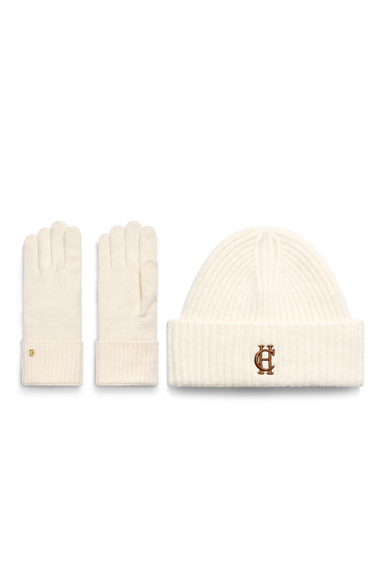 Classic Embroidered Beanie & Glove Set (Cream)