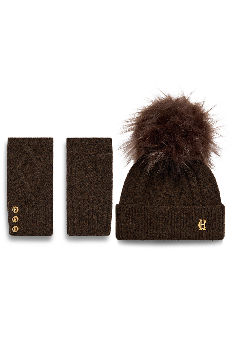 Sloane Cable Bobble Hat & Fingerless Glove Set (Chocolate)