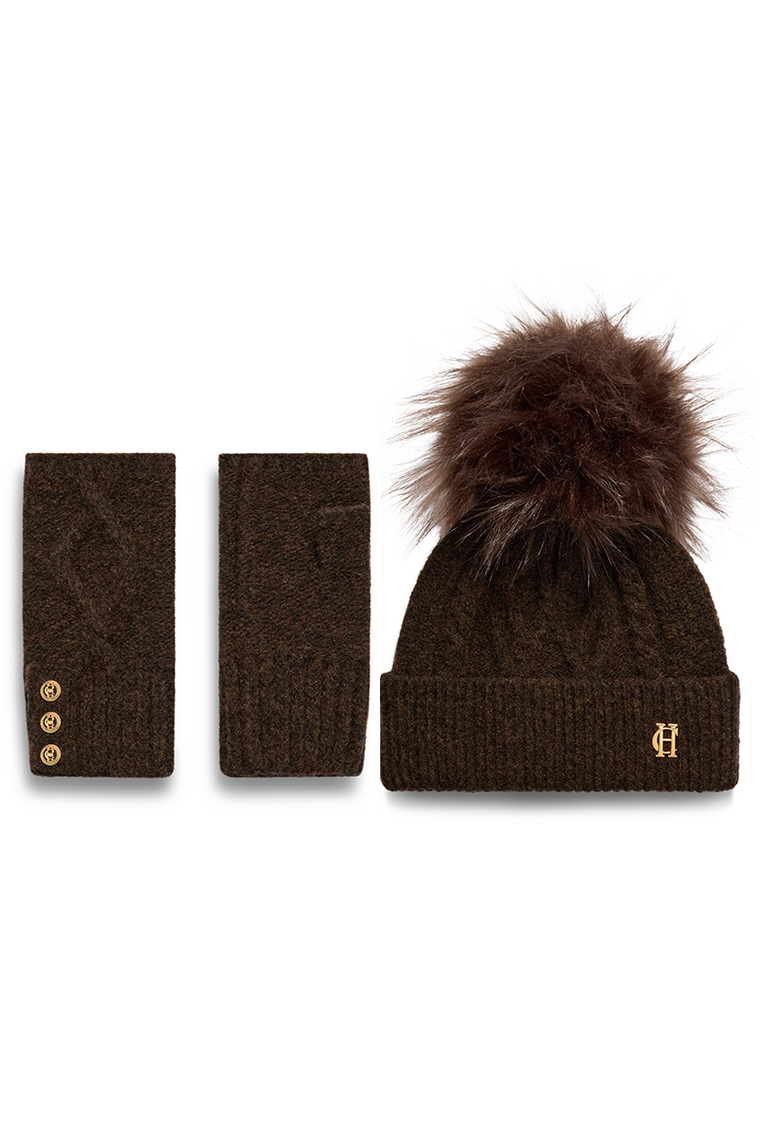 Sloane Cable Bobble Hat & Fingerless Glove Set (Chocolate)