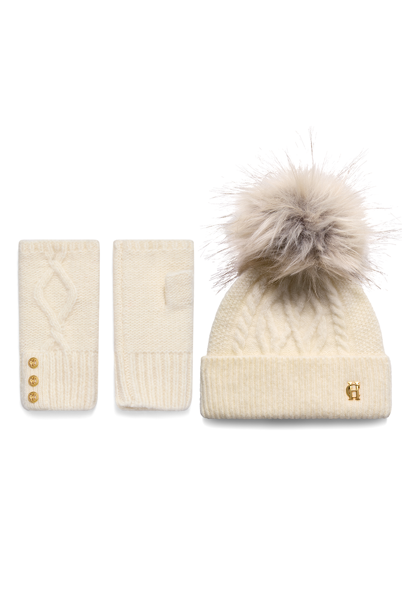 Sloane Cable Bobble Hat & Fingerless Glove Set (Cream)
