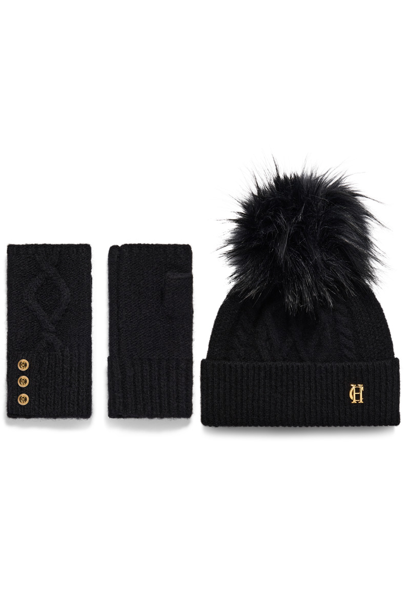 Sloane Cable Bobble Hat & Fingerless Glove Set (Black)