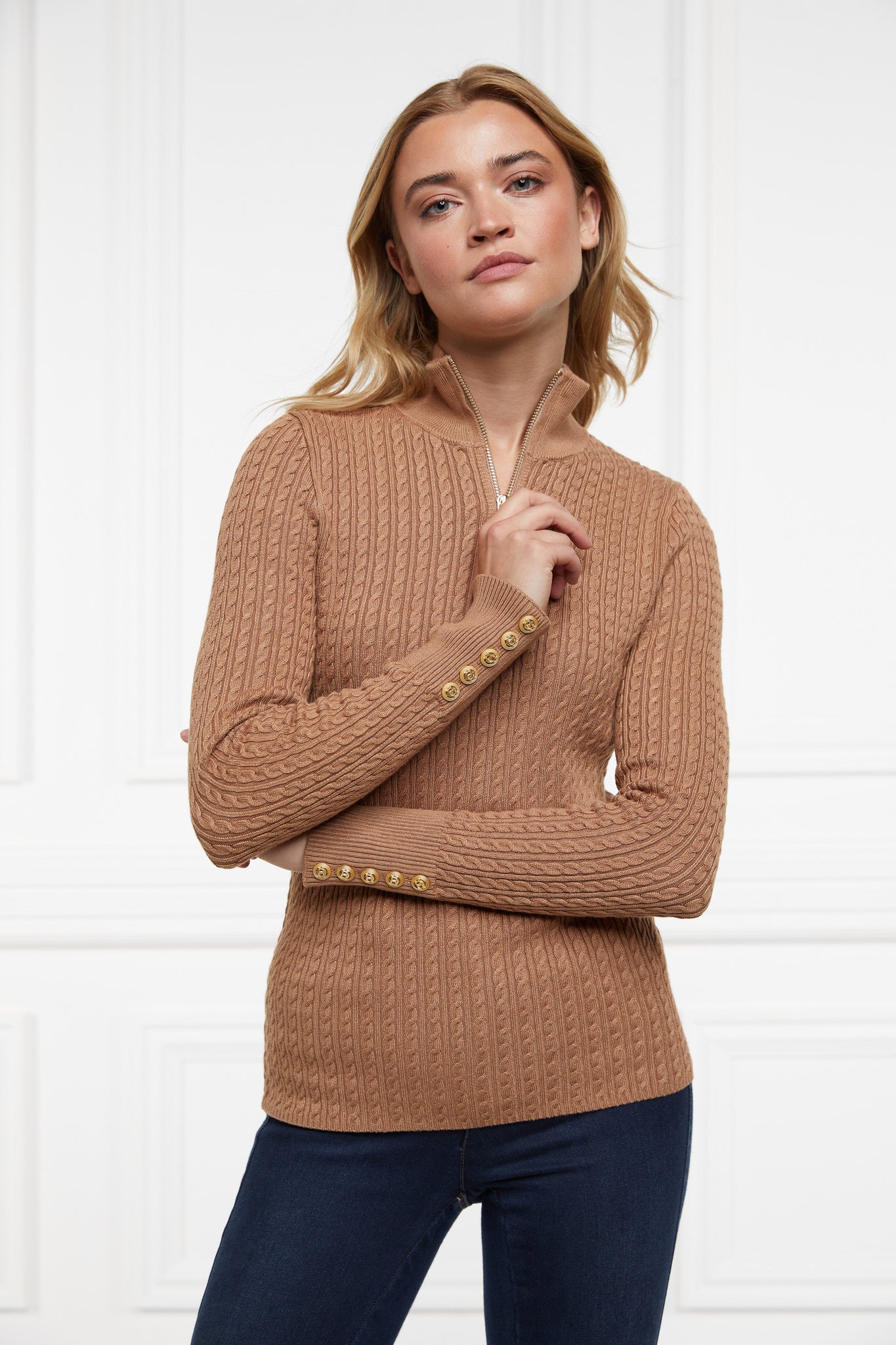 Ava Quarter Zip Knit (Dark Camel Marl)