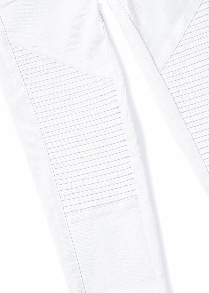 pin tuck biker panel detail on womens high rise white skinny stretch jean with front and two open zip pockets on front with HC embroidery to left pocket facing