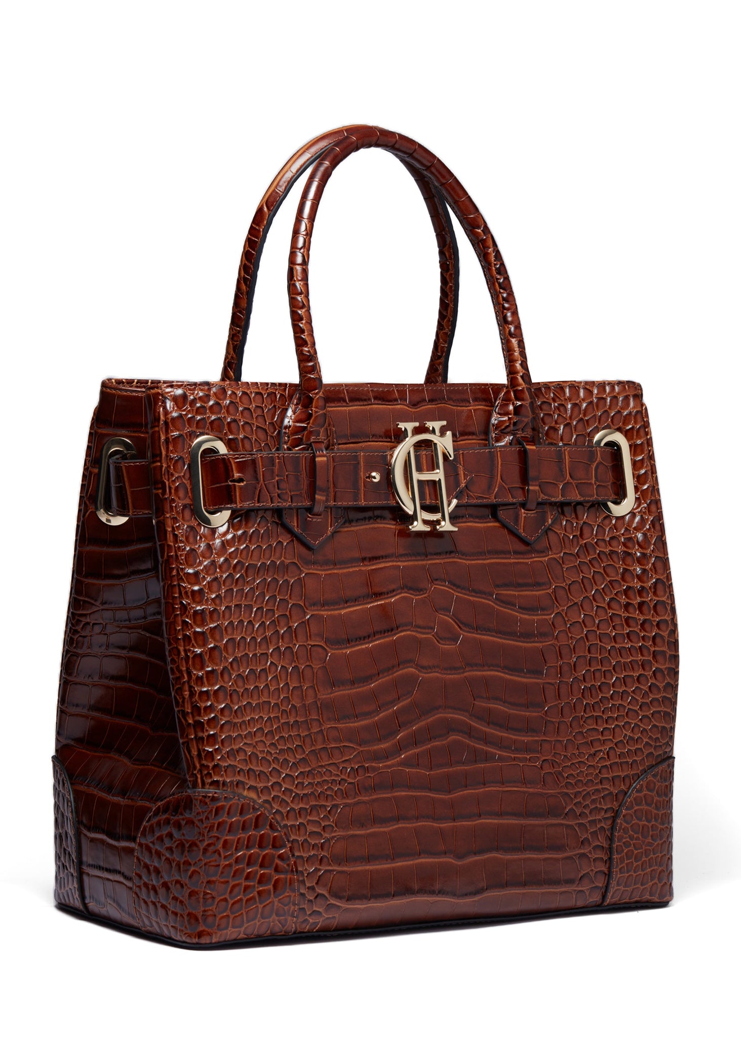 side of womens dark brown croc embossed leather tote bag with gold hardware