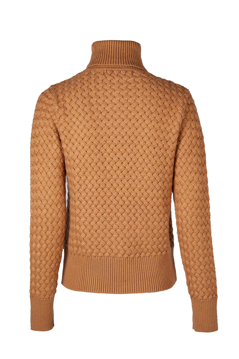 back of womens lightweight roll neck basket weave knit jumper in caramel