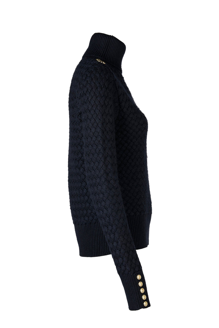 side of womens lightweight roll neck basket weave knit jumper in navy