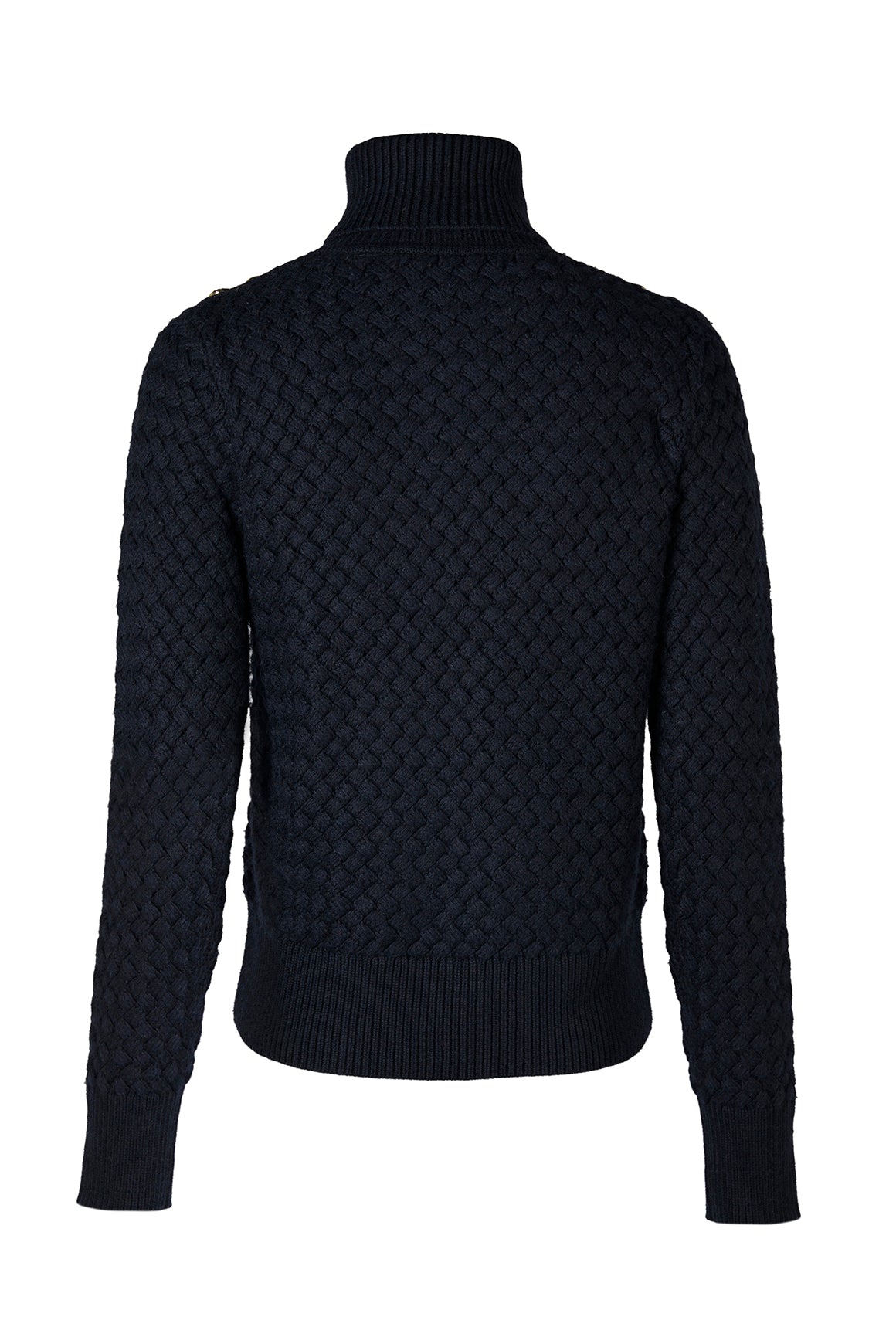 back of womens lightweight roll neck basket weave knit jumper in navy