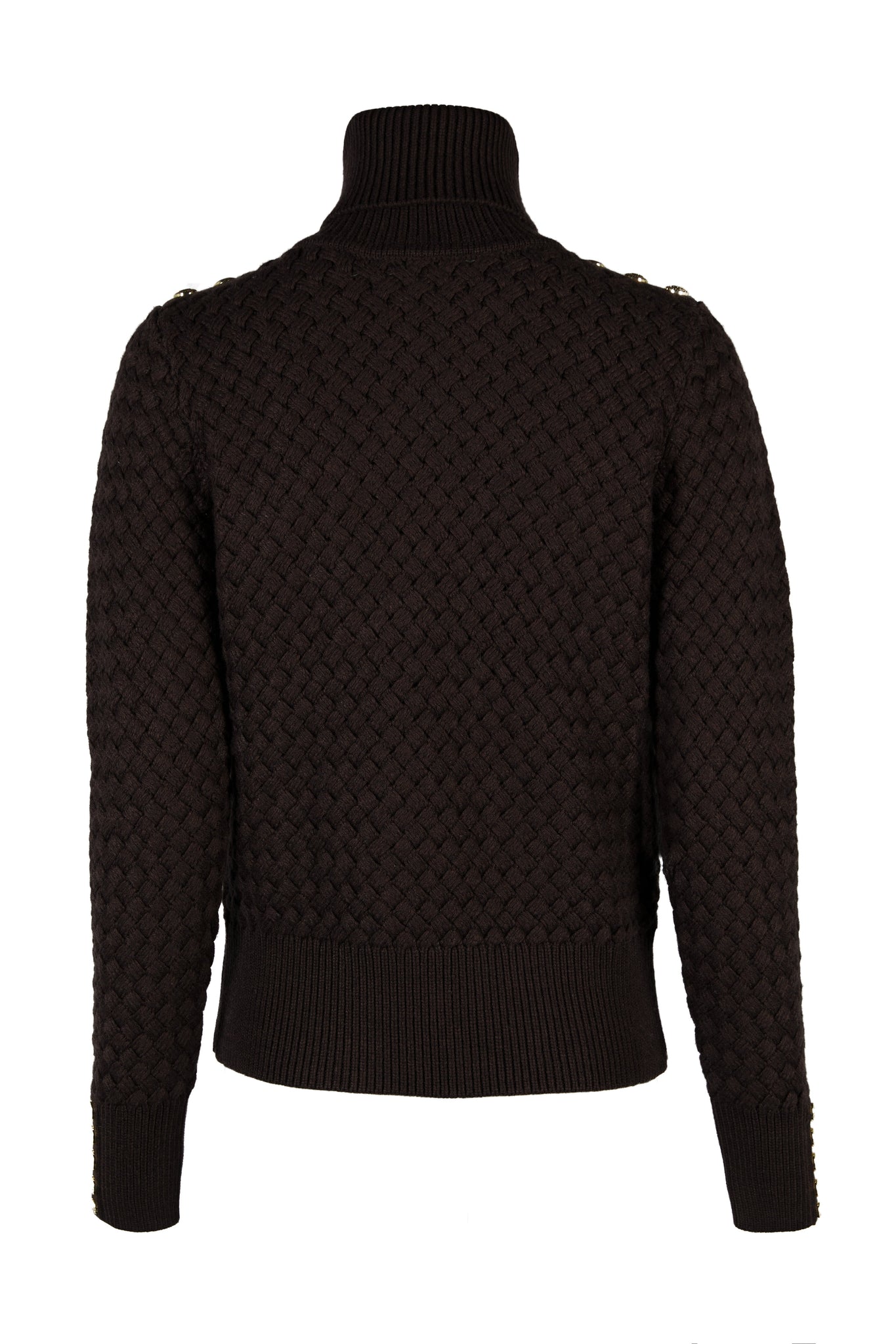 back of womens lightweight roll neck basket weave knit jumper in chocolate