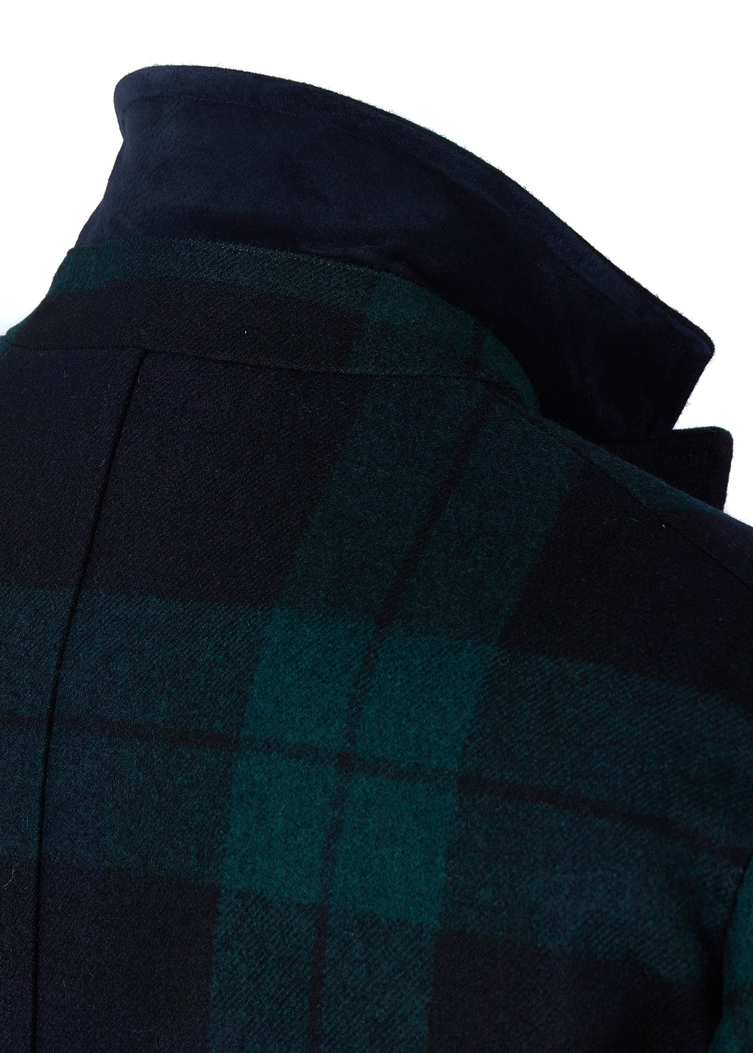 Blackwatch tweed mens coat with collar popped to show navy under collar