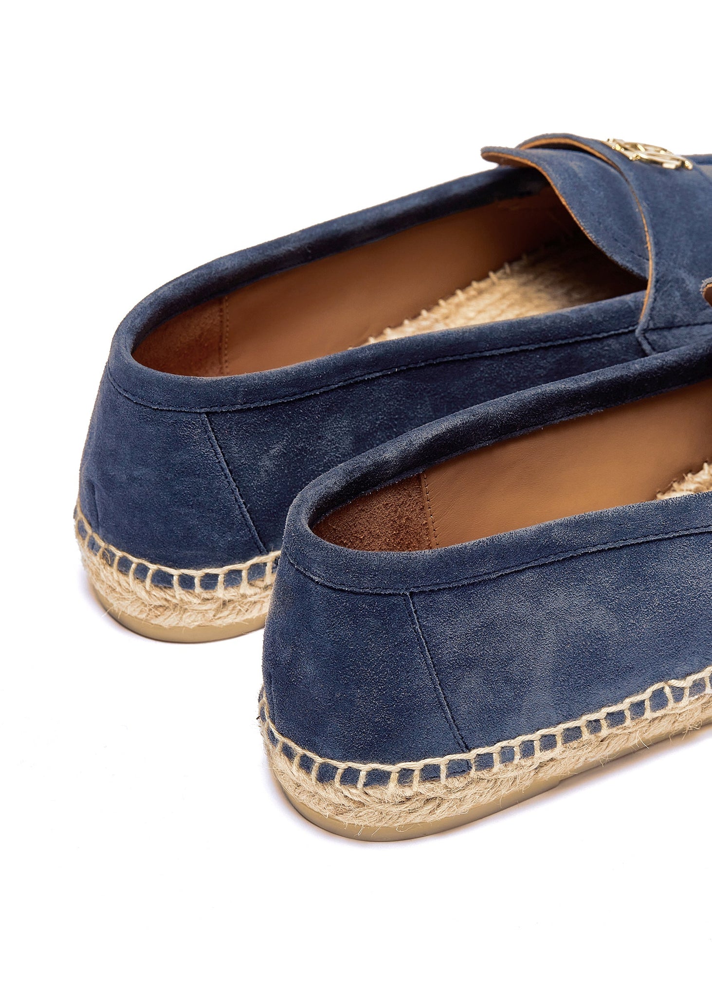 Back of Blue suede espadrille with a natural straw sole 