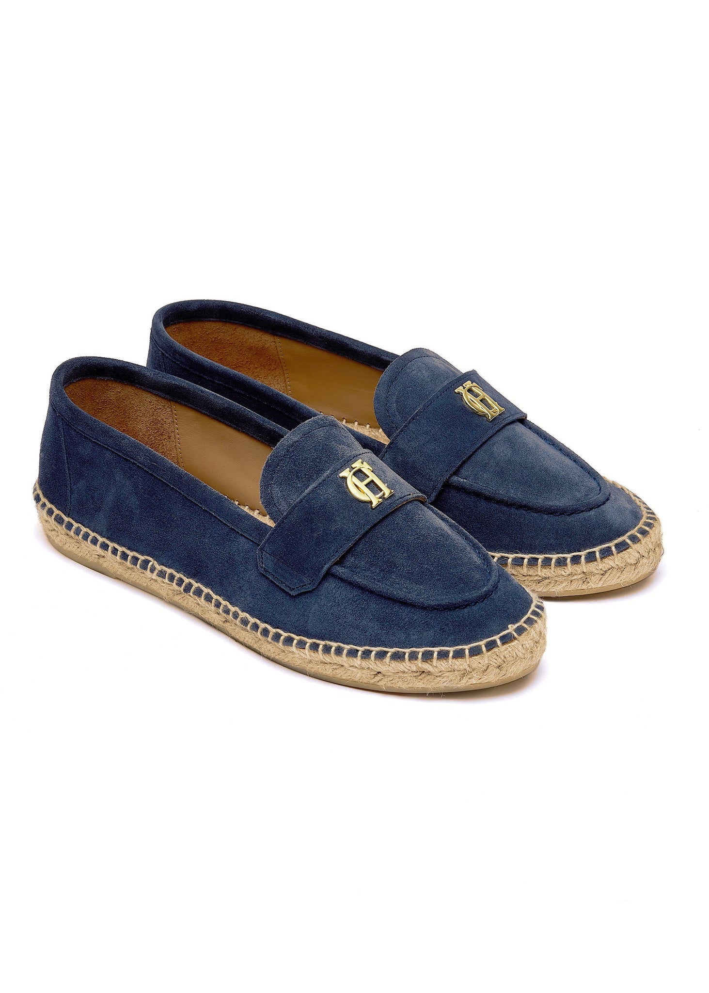 Blue suede espadrille with a natural straw sole and gold hardware on top